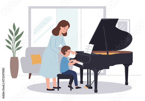 Mother teaching son piano skills at home creative activity cozy living room family bonding concept