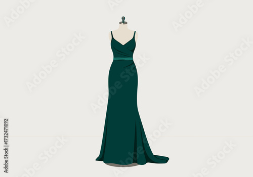 Elegant green evening dress displayed on a mannequin fashion minimalist side view modern style