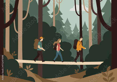 Hiking adventure through dense forest trails nature scene digital serene environment eye-level view outdoor exploration