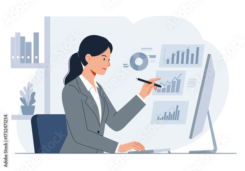 Analyzing business data trends office environment digital content professional workspace interactive viewpoint growth insights