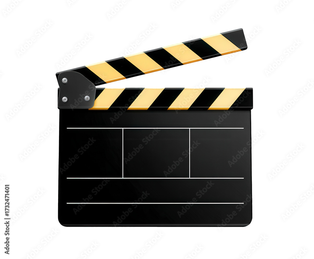 Fototapeta premium A black movie clapboard with yellow and black striped clapper sticks, isolated on a transparent background, symbolizing filmmaking and production