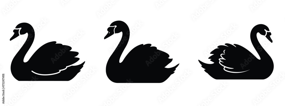 Fototapeta premium Elegant swan silhouette vector icon set.