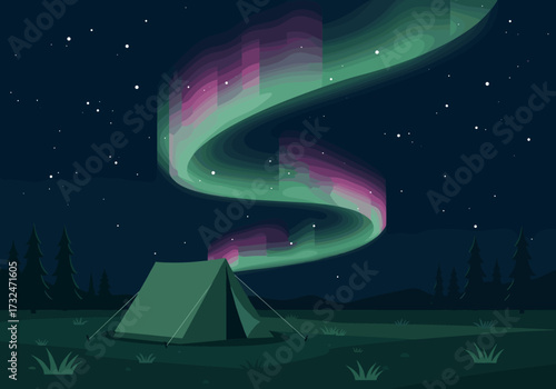 Campfire experience under the northern lights forest clearing digital nighttime serene atmosphere