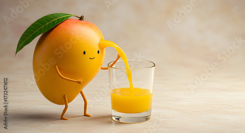 Cute Cartoon Mango Character Pouring Fresh Juice into Glass