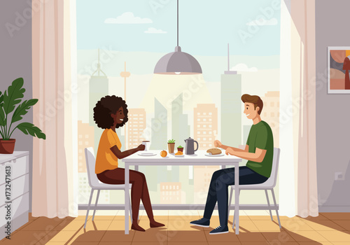 Couple enjoying breakfast together urban apartment digital modern cozy intimate setting