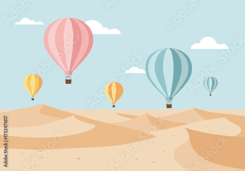 Hot air balloon adventure over sandy dunes aerial view digital serene environment
