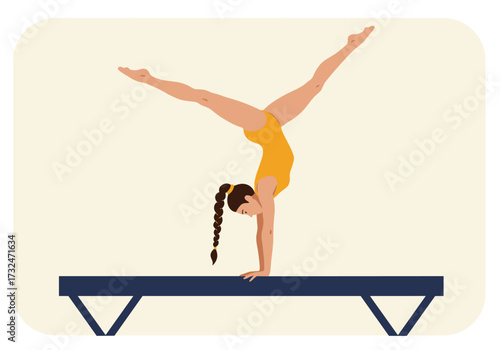 Gymnast performing handstand on balance beam indoor sports arena digital focused perspective athleticism