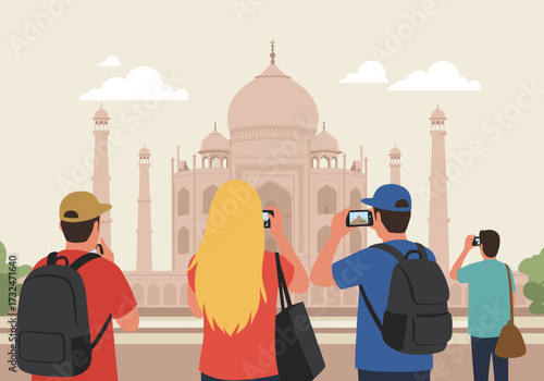 Tourists capturing memories at the taj mahal agra digital urban environment front view travel experience