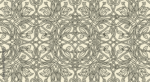 Intricate floral pattern with twirling vines and leaves in repeating design