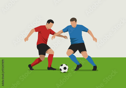 Intense football match between two players soccer field digital competitive atmosphere dynamic angle