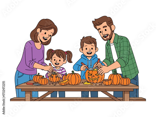 Family Pumpkin Carving: A heartwarming illustration captures a family together, immersed in the festive tradition of carving pumpkins for Halloween.