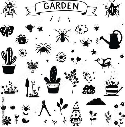 A collection of garden themed doodles including insects plants and tools in black and white illustration