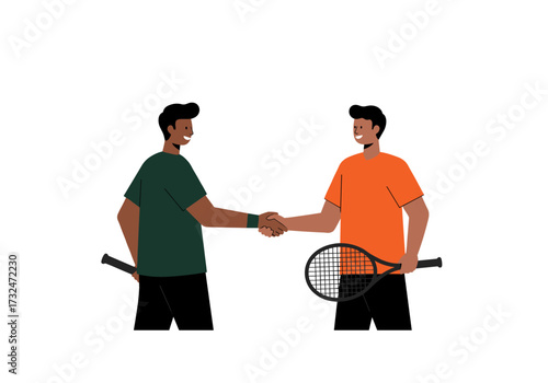 Tennis match conclusion players shaking hands court sportsmanship friendly vibe