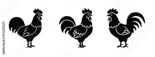 Proud rooster silhouette vector icon set.