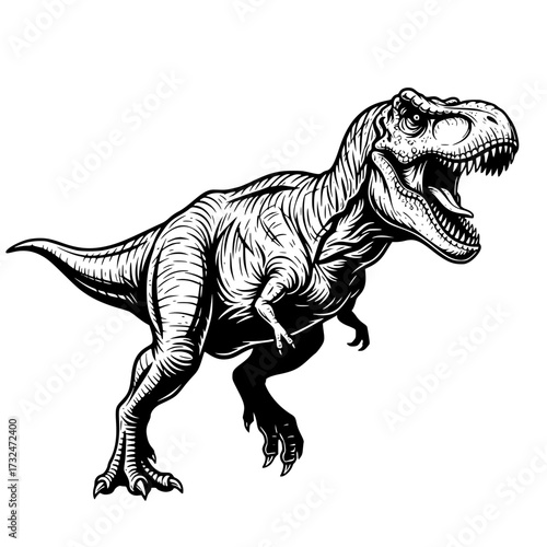 Vector art of fierce tyrannosaurus rex roaring with open mouth, detailed black and white illustration