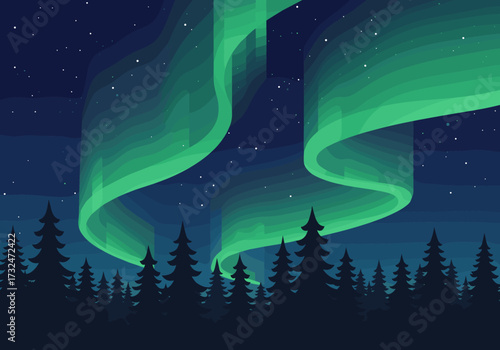 Breathtaking aurora borealis display over forest nighttime landscape digital peaceful environment aesthetic viewpoint