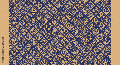 Blue leaves and vines encased in a tan lattice pattern