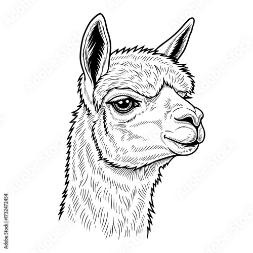 Vector art of detailed black and white illustration of llama head profile