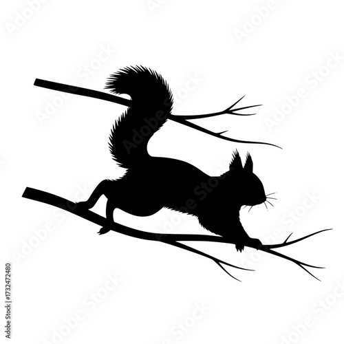 Vector art of black silhouette of a squirrel with bushy tail on branch