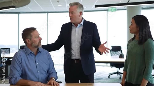 Senior executive mentoring junior employee in modern open office