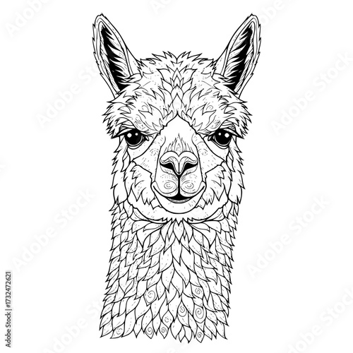 Vector art of detailed black and white line art illustration of llama face