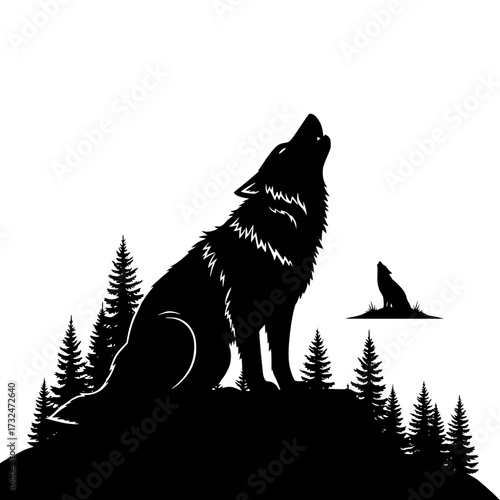 Vector art of silhouette of a wolf howling at the moon with forest background and flying bird