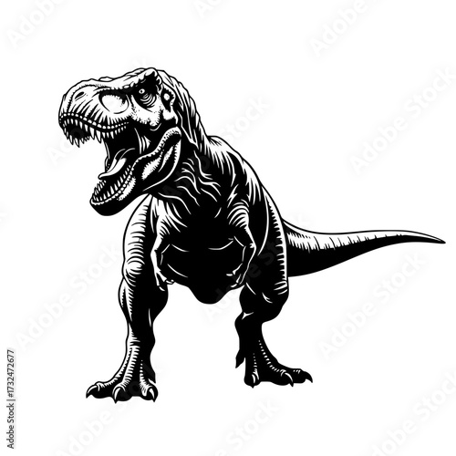 Vector art of black and white illustration of roaring tyrannosaurus rex