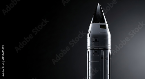 A close-up shot of a gray and black missile or rocket, standing upright against a dark, shadowy background.