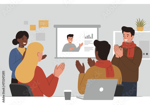 Team success celebration office meeting room professional environment engaging perspective