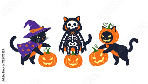 Festive Felines: Captivating cartoon cats embody the spirit of Halloween, adorning themselves in costumes such as witches, skeletons, and jack-o'-lanterns.