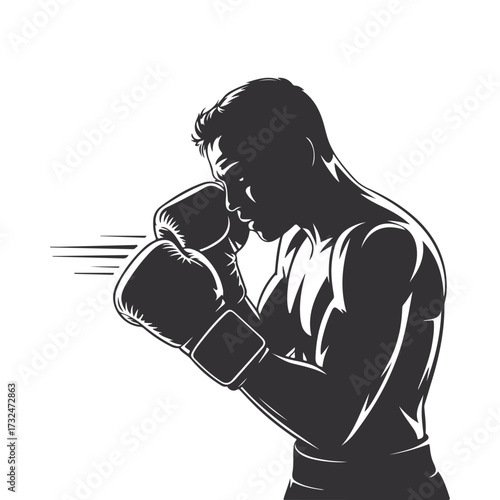 Boxer silhouette in strong guard stance with raised gloves vector