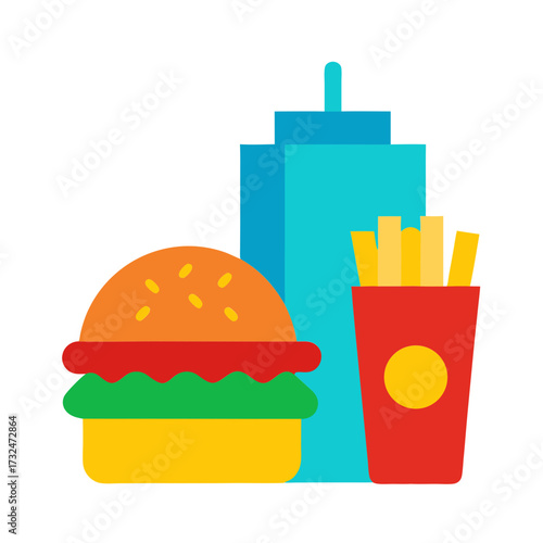 Colorful illustration of a hamburger french fries and condiment bottles isolated on white background