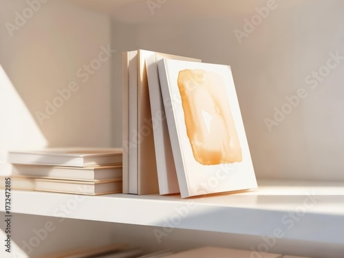 Warm Sunlight Illuminates a Minimalist Bookshelf with Watercolor Art