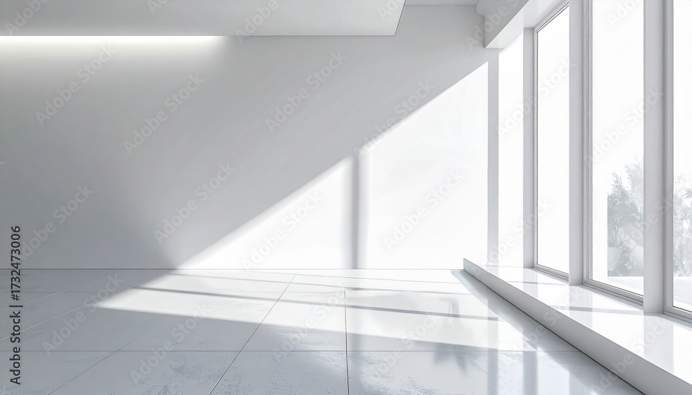 Obraz premium A minimalist, modern white room with large windows and bright sunlight. Interiors planning mockup wall background with copy space.