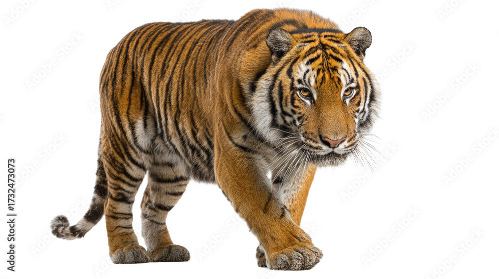 Fototapeta premium Majestic Bengal Tiger Walking – Isolated on Transparent Background for Wildlife and Nature Design
