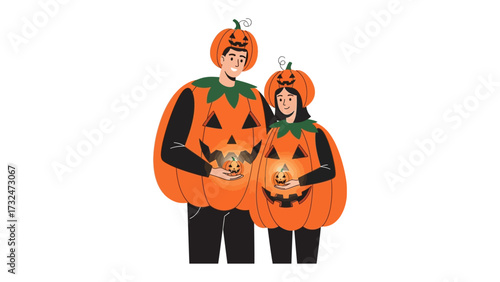 Pumpkin-Themed Couple: A charming couple embodies the spirit of Halloween, each adorned in playful pumpkin costumes while joyfully holding a glowing pumpkin lantern.