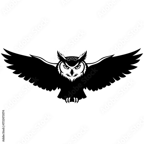 Vector art of black silhouette of owl with spread wings and intense gaze