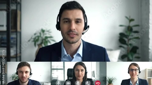 Hybrid office with employees wearing headsets on video conference call.