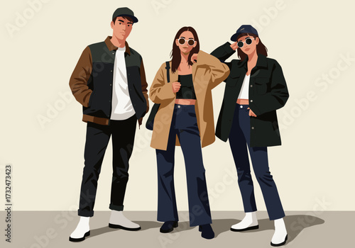 Trendy fashion styles urban setting digital modern vibe front view youth culture trends