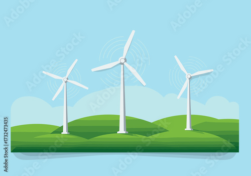 Wind energy production scenic hills digital clean environment eye-level view renewable concept