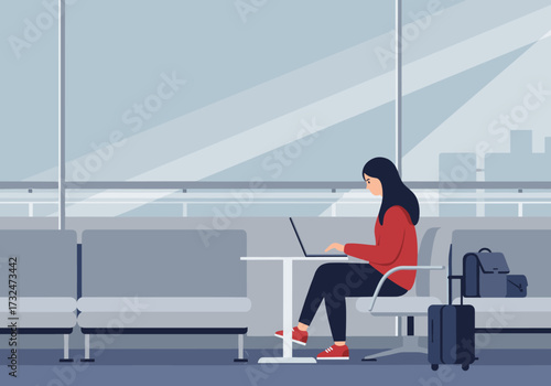 Working woman at airport lounge digital modern travel environment focused viewpoint