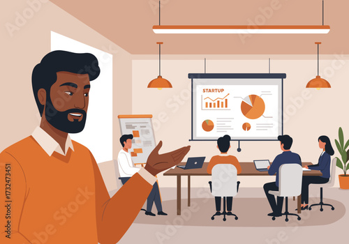 Team meeting on startup strategies modern office digital presentation collaborative environment engaging viewpoint