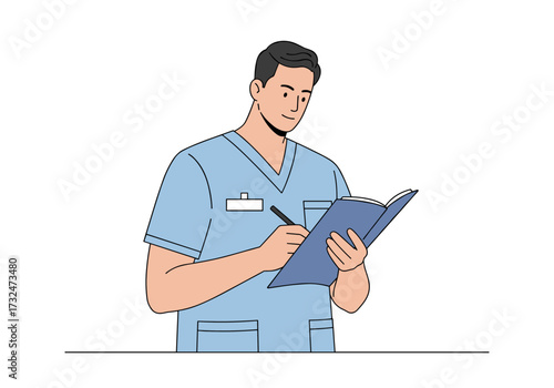 Healthcare professional taking notes in a clinic setting medical environment focused perspective patient care concept