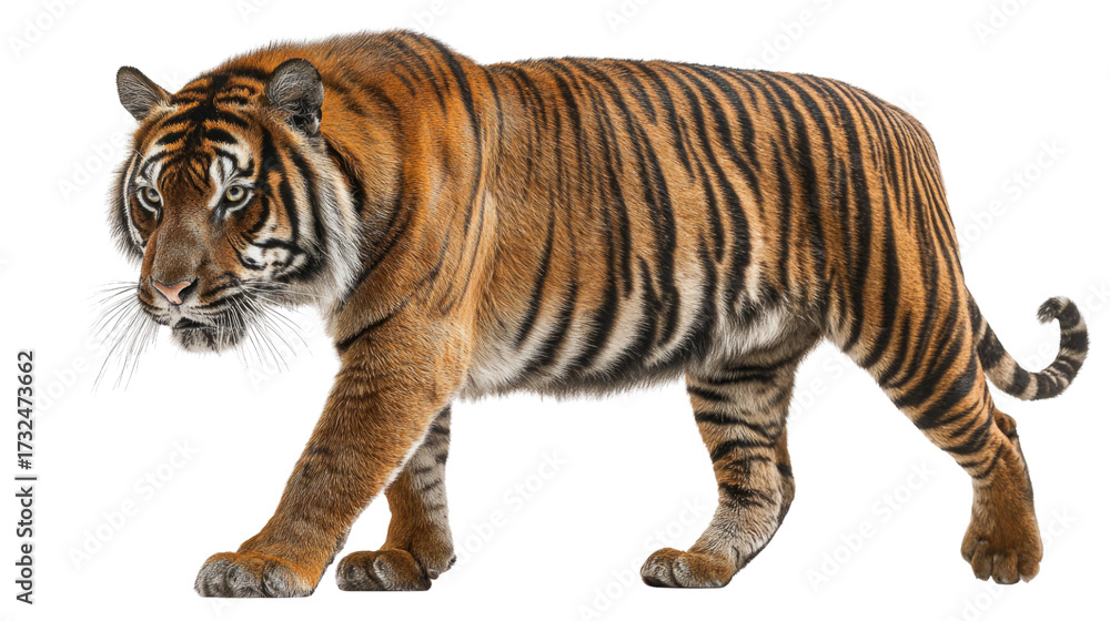 Obraz premium Majestic Bengal Tiger Walking – Isolated on Transparent Background for Wildlife and Nature Design