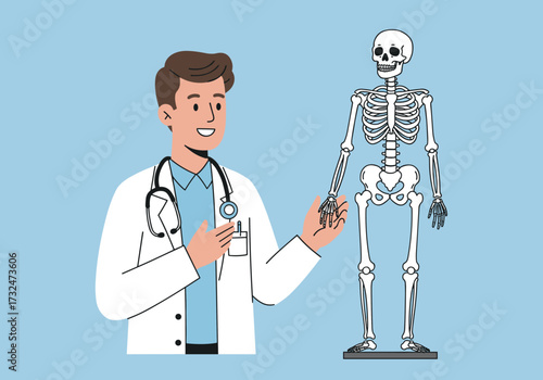 Medical professional explaining human anatomy with skeleton model in clinic educational content informative environment