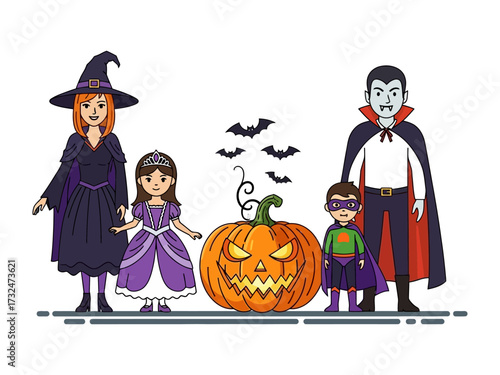Halloween Costume Ensemble: A collection of characters adorn costumes, encompassing a witch, princess, superhero, and a vampire in the center with a carved pumpkin, and bats.