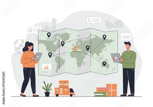 Global logistics planning business hub infographic office environment collaborative view supply chain management