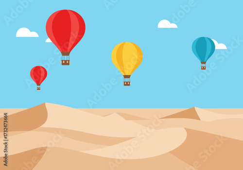 Colorful hot air balloons soaring over sandy desert landscape aerial view adventure travel concept