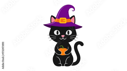 Adorable Halloween Black Cat: A cute cartoon black cat wearing a classic witch hat and holding a small pumpkin, perfect for Halloween celebration.