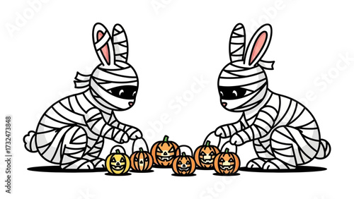 Halloween Bunny Gathering: Adorable illustrations capture two playful rabbits, imaginatively costumed as mummies, delicately arranged in front of the carved pumpkins on halloween night.